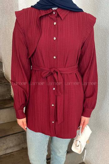 Claret Red Shirt Collar Long Arm Cotton Shirt