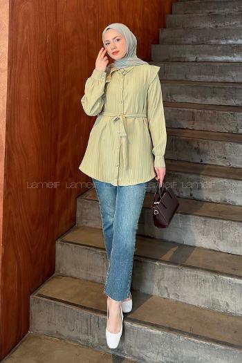 Lamelif Lamelif Vatkalı Yarım Pelerinli Gömlek Çağla Yeşili