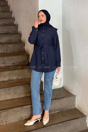 Lamelif Lamelif Vatkalı Yarım Pelerinli Gömlek Lacivert