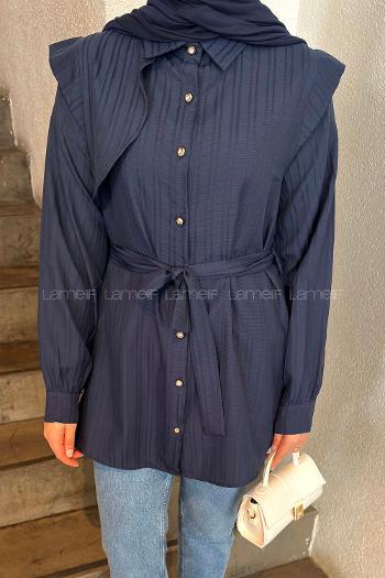 Lamelif Lamelif Vatkalı Yarım Pelerinli Gömlek Lacivert