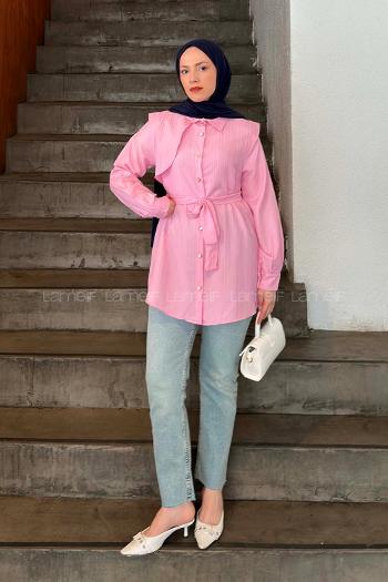 Lamelif Lamelif Vatkalı Yarım Pelerinli Gömlek Pembe