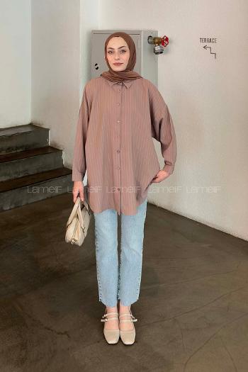 Lamelif Sırt Robalı Çizgi Detaylı Tunik Kahve