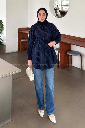 Lamelif Sırt Robalı Çizgi Detaylı Tunik Lacivert