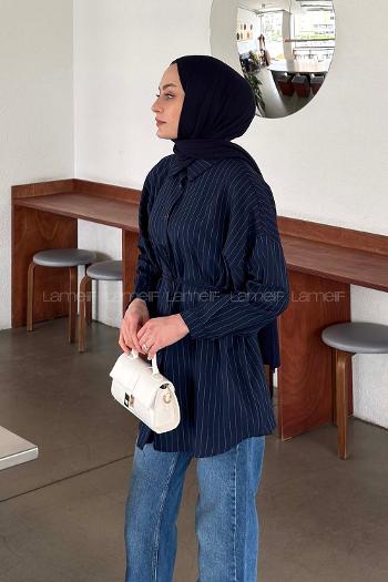 Lamelif Sırt Robalı Çizgi Detaylı Tunik Lacivert