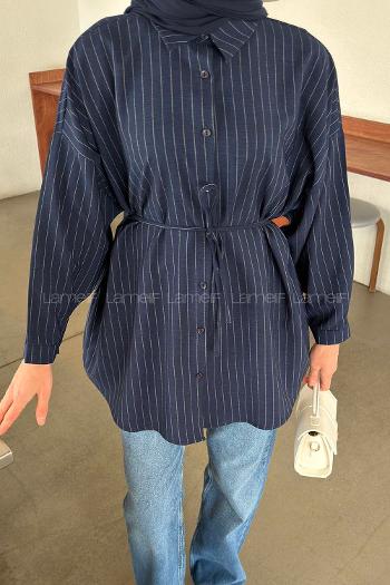 Lamelif Sırt Robalı Çizgi Detaylı Tunik Lacivert