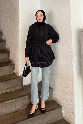 Lamelif Sırt Robalı Çizgi Detaylı Tunik Siyah