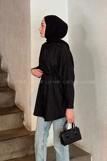 Lamelif Sırt Robalı Çizgi Detaylı Tunik Siyah
