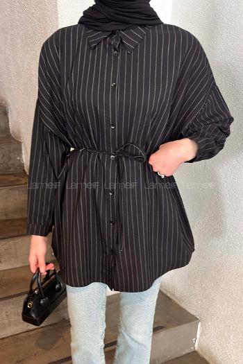 Lamelif Sırt Robalı Çizgi Detaylı Tunik Siyah