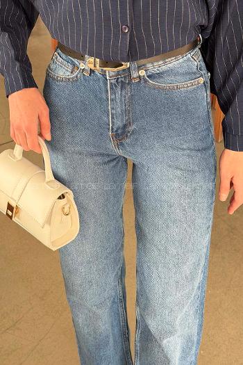 Lamelif Yırtık Paça Düz Kesim Jean Mavi