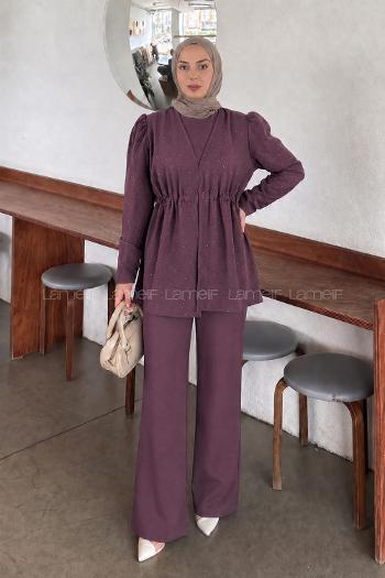 Lamelif Belden Büzgülü Taş Detaylı Pantolonlu Takım Mürdüm