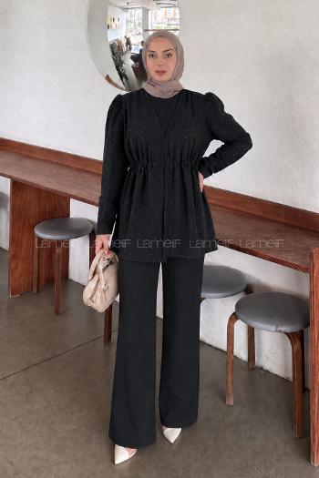 Lamelif Belden Büzgülü Taş Detaylı Pantolonlu Takım Siyah