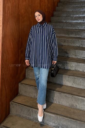 Lamelif Çizgi Detaylı Cepli Gömlek Lacivert