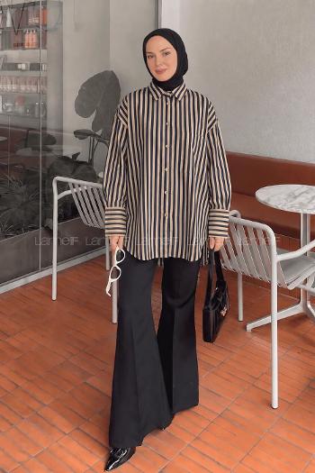 Lamelif Çizgi Detaylı Tensel Gömlek Lacivert