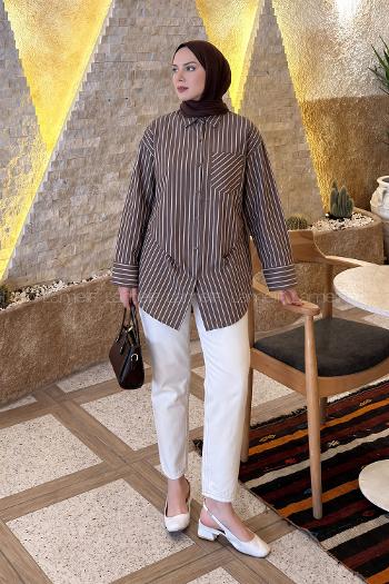 Lamelif Çizgi Detaylı Yarasa Kol Gömlek Kahverengi