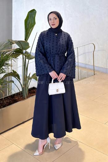 Navy Blue Crew Neck Long Arm Cotton Skirt Suit