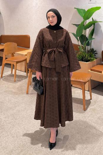 Brown Crew Neck Long Arm Cotton Straight Skirt Suit