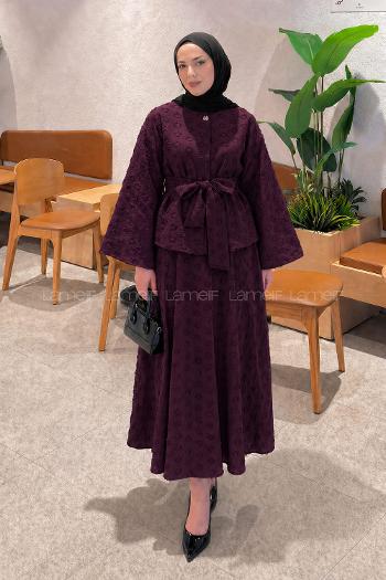 Plum Crew Neck Long Arm Cotton Straight Skirt Suit