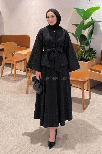 Black Crew Neck Long Arm Cotton Straight Skirt Suit