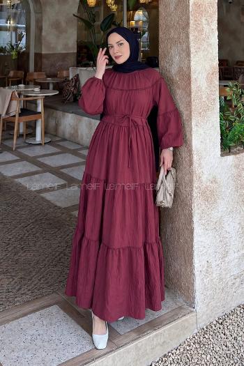 Lamelif Kat Detaylı Bağlamalı Elbise Bordo