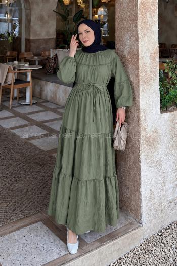 Lamelif Kat Detaylı Bağlamalı Elbise Haki