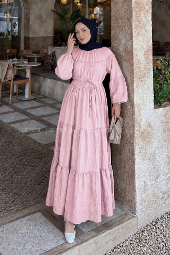 Lamelif Kat Detaylı Bağlamalı Elbise Pembe