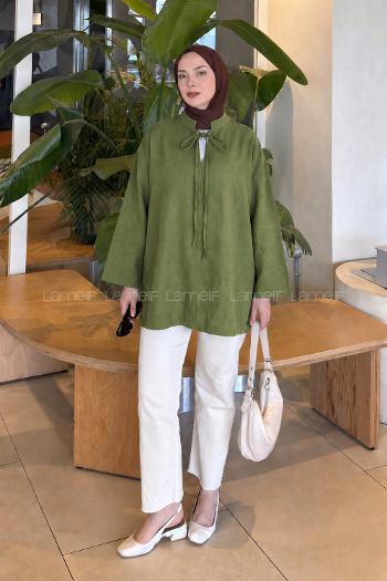 Khaki Mandarin Collar Long Arm Linen Shirt