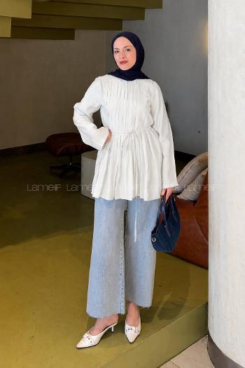 Lamelif Önü Pileli Tunik Beyaz