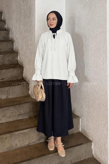 Lamelif Yakası Bağcıklı Bluz Beyaz