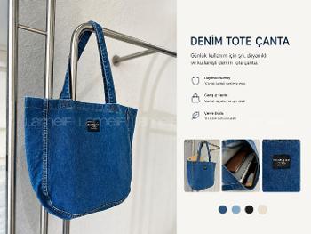 Lamelif Yıkamalı Kot Arma Detaylı Denim Mavi Çanta[Kot Totebag]