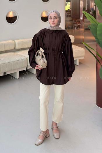 Lamelif Bağlama Detaylı Çilek Tesettür Gömlek Koyu Kahve