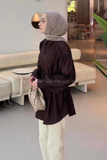 Lamelif Bağlama Detaylı Çilek Tesettür Gömlek Koyu Kahve