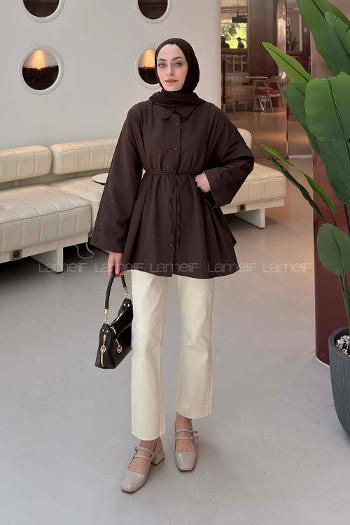 Lamelif Bağlama Detaylı Takma Manşet Gömlek Acı Kahve