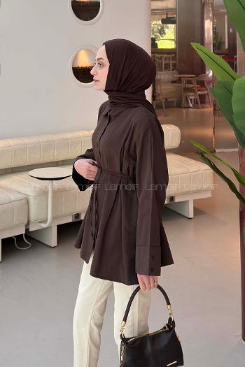 Lamelif Bağlama Detaylı Takma Manşet Gömlek Acı Kahve