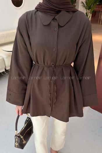 Lamelif Bağlama Detaylı Takma Manşet Gömlek Acı Kahve