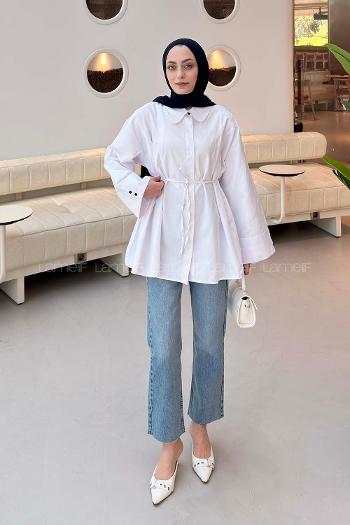 Lamelif Bağlama Detaylı Takma Manşet Gömlek Beyaz