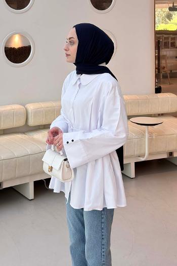 Lamelif Bağlama Detaylı Takma Manşet Gömlek Beyaz