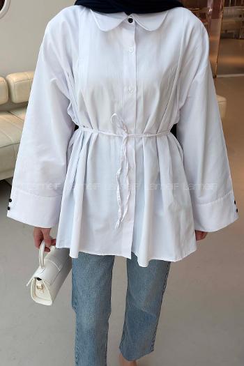 Lamelif Bağlama Detaylı Takma Manşet Gömlek Beyaz