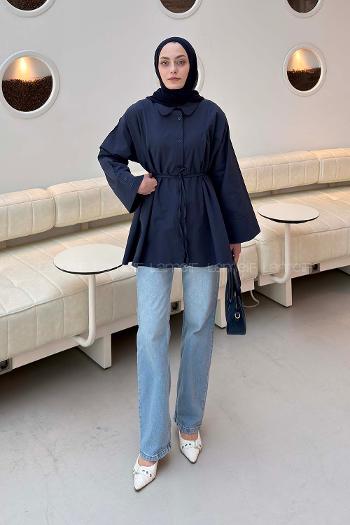 Lamelif Bağlama Detaylı Takma Manşet Gömlek Lacivert