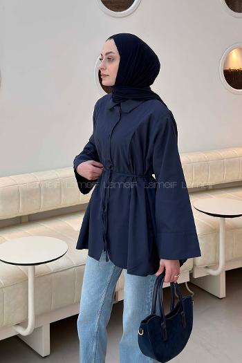 Lamelif Bağlama Detaylı Takma Manşet Gömlek Lacivert