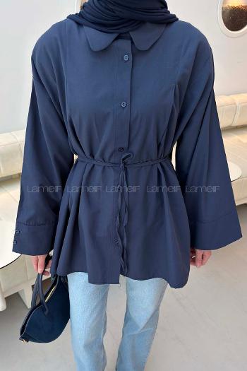 Lamelif Bağlama Detaylı Takma Manşet Gömlek Lacivert