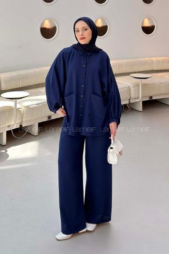 Navy Blue Shirt Collar Long Arm Cotton Fabric Regular Trousers Comfortable Suit
