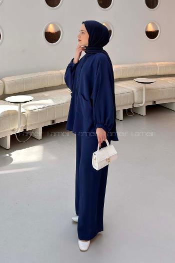 Navy Blue Shirt Collar Long Arm Cotton Fabric Regular Trousers Comfortable Suit