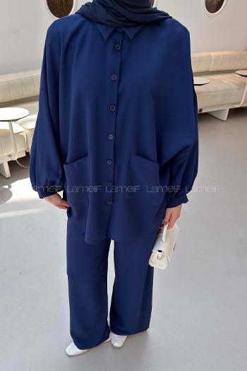 Navy Blue Shirt Collar Long Arm Cotton Fabric Regular Trousers Comfortable Suit