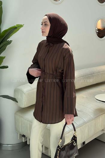 Lamelif Çizgili Bağlamalı Gömlek Acı Kahve