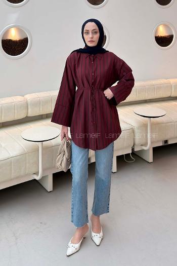Lamelif Çizgili Bağlamalı Gömlek Bordo