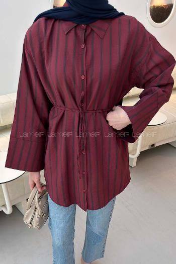 Lamelif Çizgili Bağlamalı Gömlek Bordo