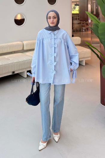 Lamelif Fiyonk Detaylı Ön Kapama Gömlek Bebe Mavisi