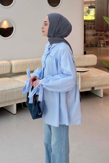 Lamelif Fiyonk Detaylı Ön Kapama Gömlek Bebe Mavisi