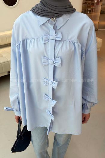 Lamelif Fiyonk Detaylı Ön Kapama Gömlek Bebe Mavisi