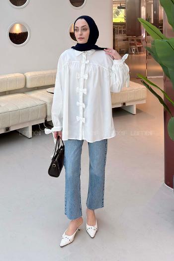 Lamelif Fiyonk Detaylı Ön Kapama Gömlek Beyaz